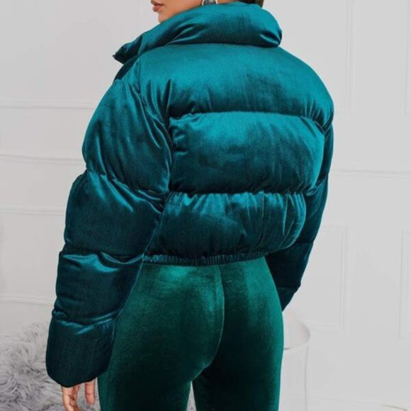 POCKETED VELVET PUFFER JACKET - EMERALD GREEN - Picture 4 of 5